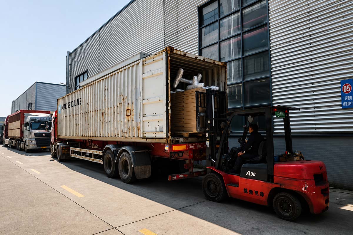 Office furniture shipment being loaded at the Onmuse manufacturing facility
