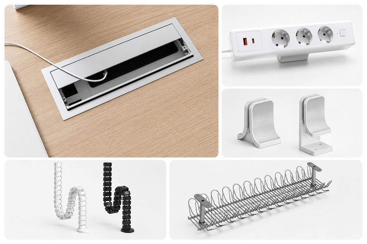 Onmuse office furniture accessories including cable management, power modules and desk components