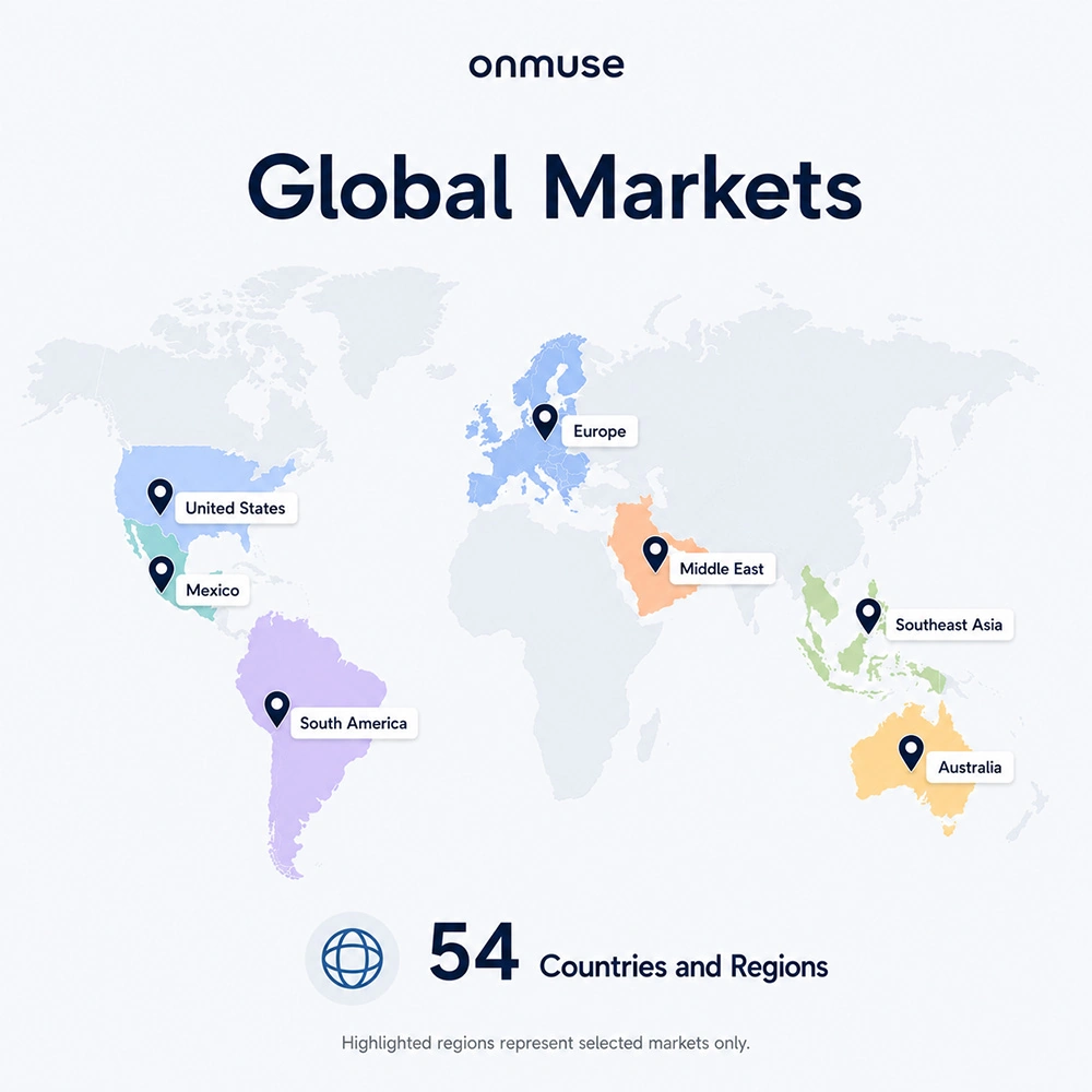 map showing selected onmuse international markets across Europe, the Middle East, Southeast Asia, Australia and the Americas