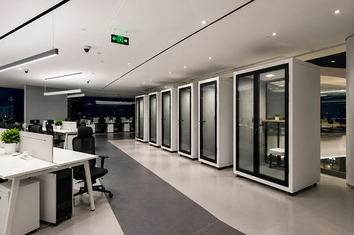 office phone booths installed within a modern workplace