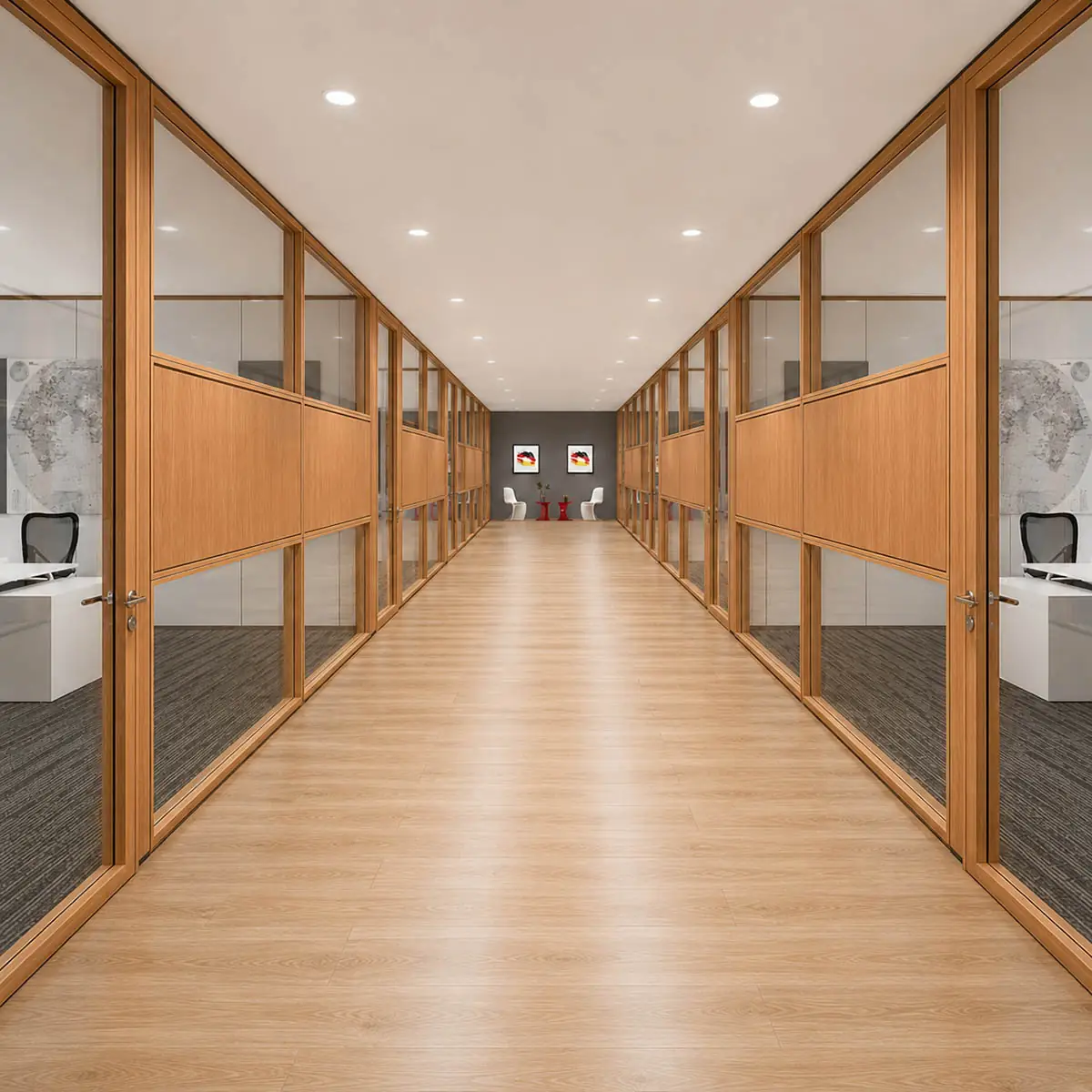 Bangalore IT Park SG-86 office partition showing woodgrain aluminum profiles, melamine panels, and glass sections for finish coordination