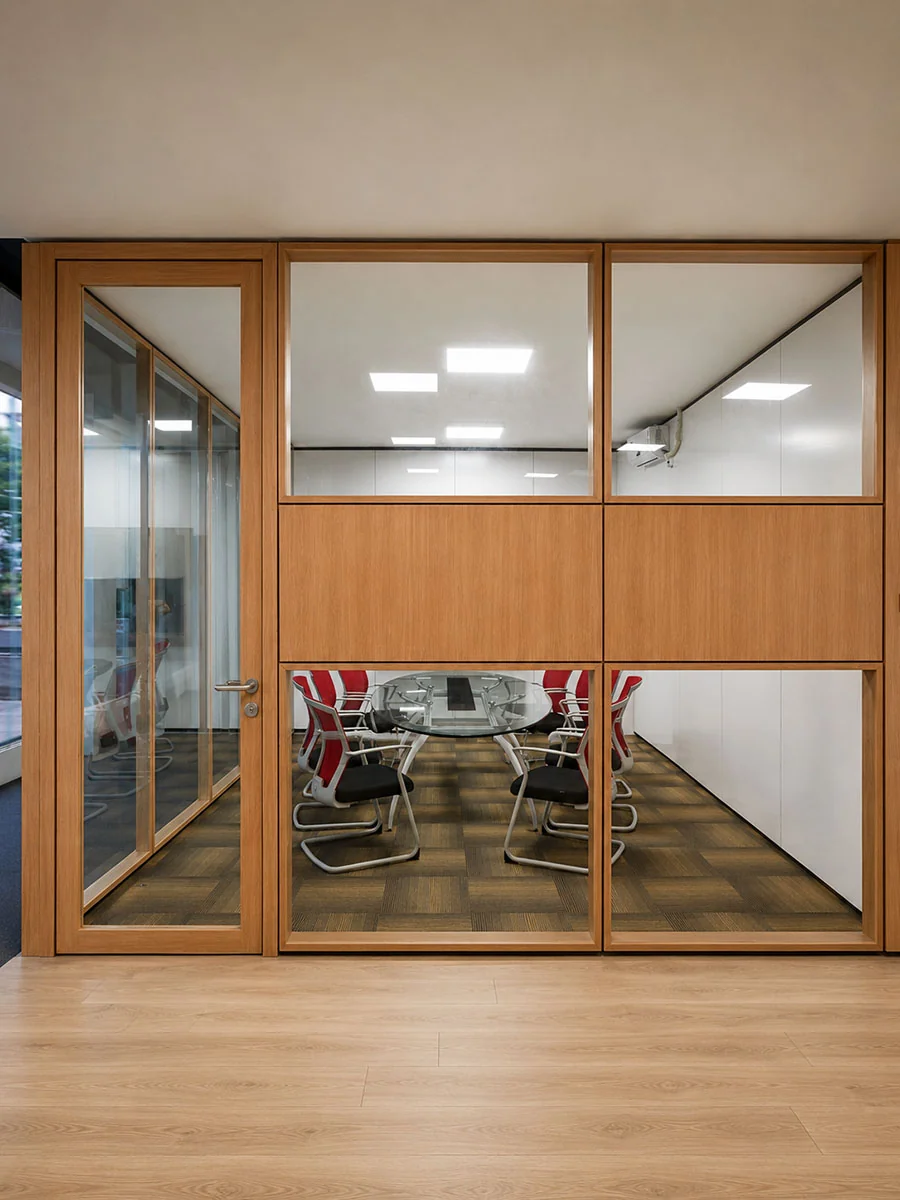SG-86 mixed office partition with melamine board, upper-and-lower glass sections, aluminum profiles and double-glass aluminum-framed door
