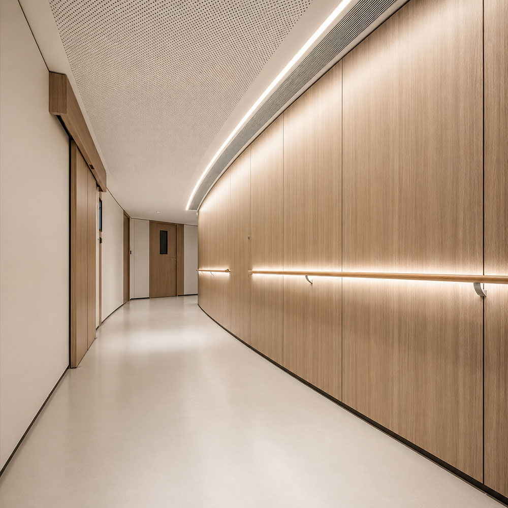 Commercial corridor with solid wall panels, wood cladding, and integrated lighting