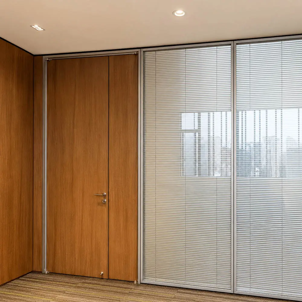 Mixed demountable wall configuration with wood door, solid panel, and glass partition with blind