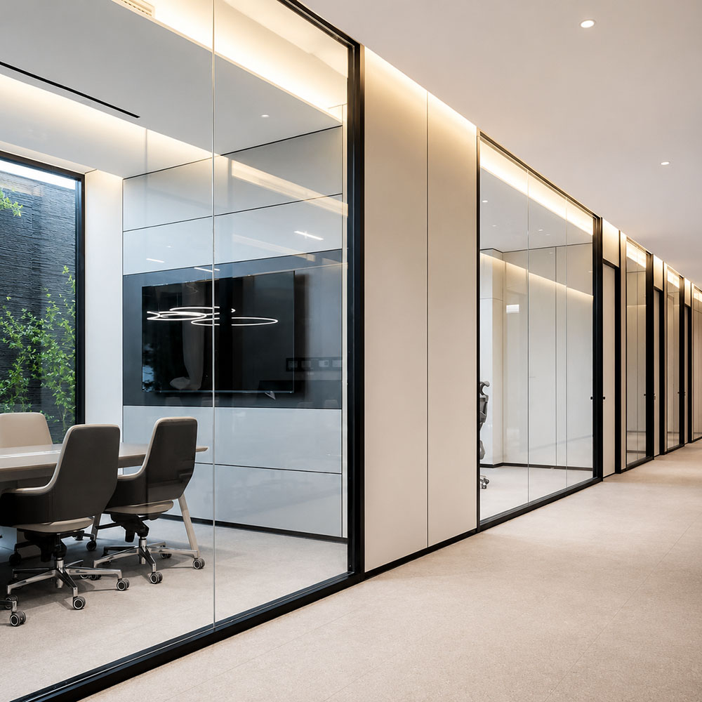 Office demountable wall system with glass partitions and solid panels for project review
