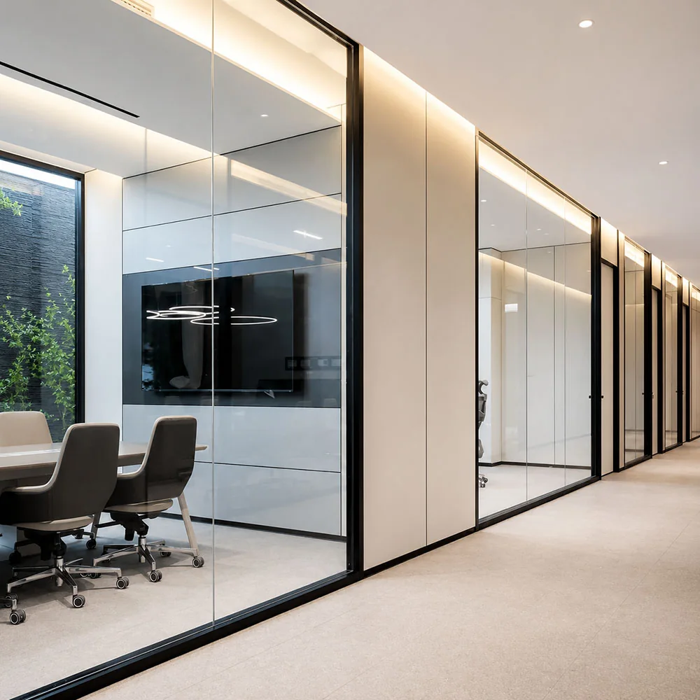 Office demountable wall system with glass partitions and solid panels for project review