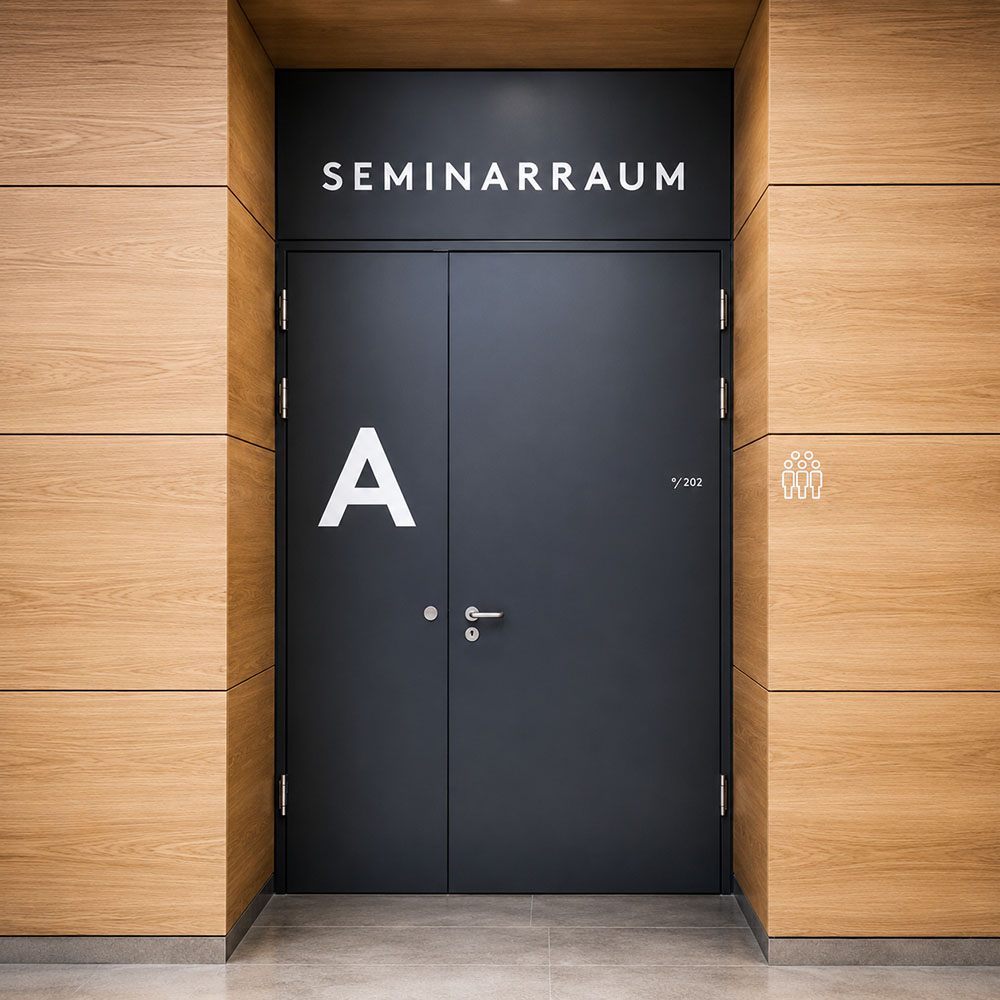 Office meeting room entrance with solid doors and wood-clad demountable wall panels