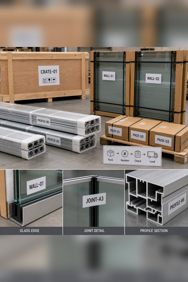 packing and numbering support for a muscat office glass partition project