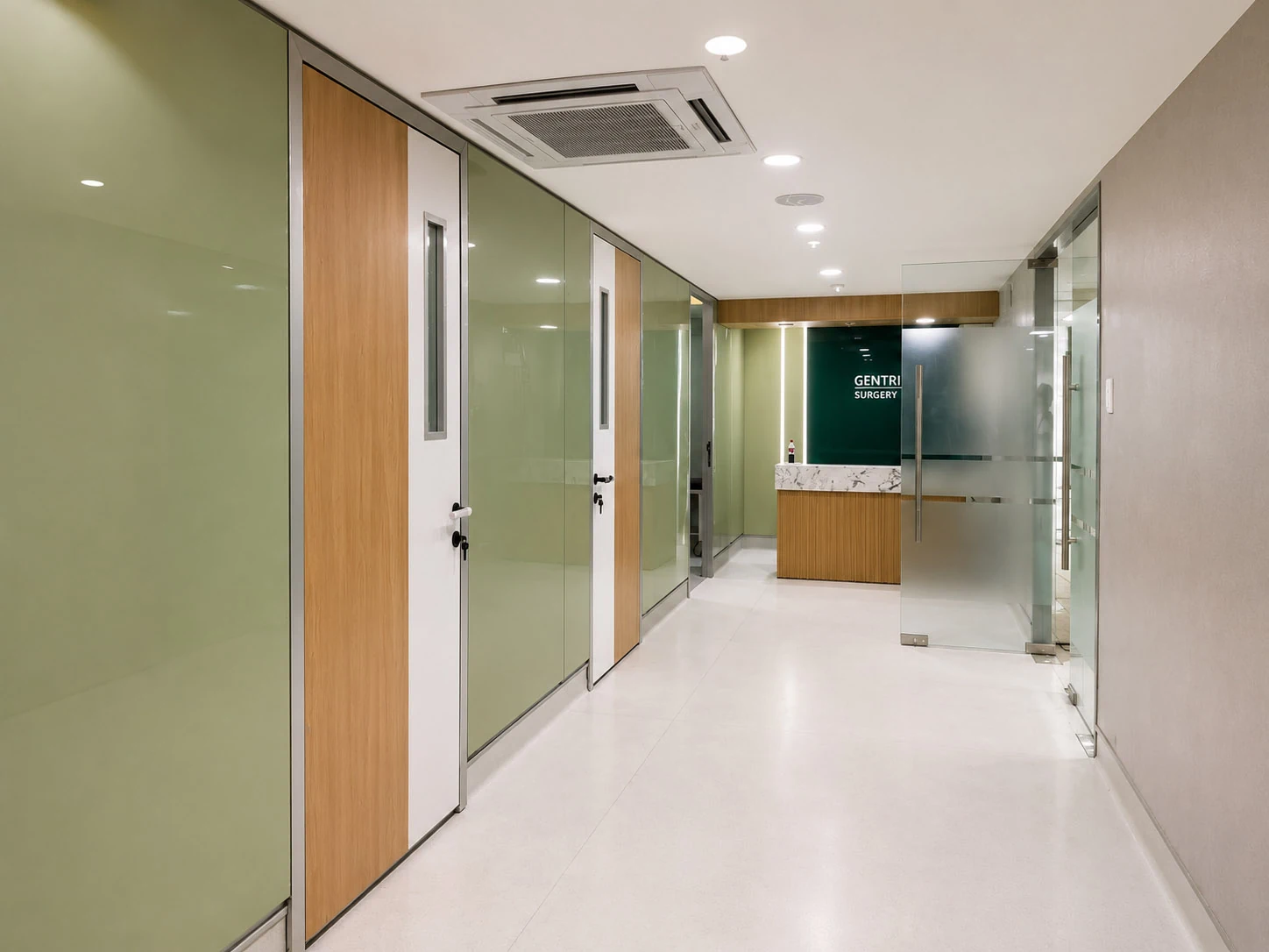 Steel panel wall detail in a Philippines OPD renovation corridor