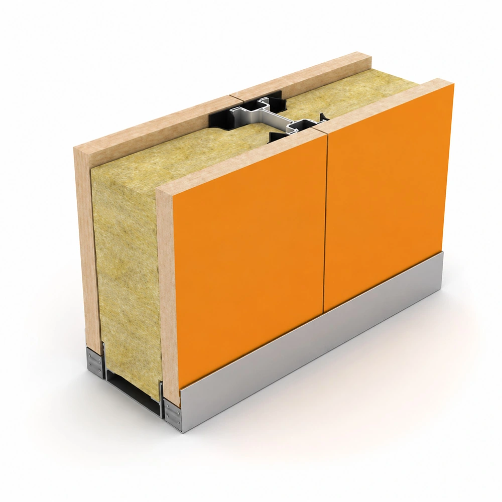 SG-100 demountable wall cutaway showing panel finish, acoustic infill, aluminum profile, and base skirting