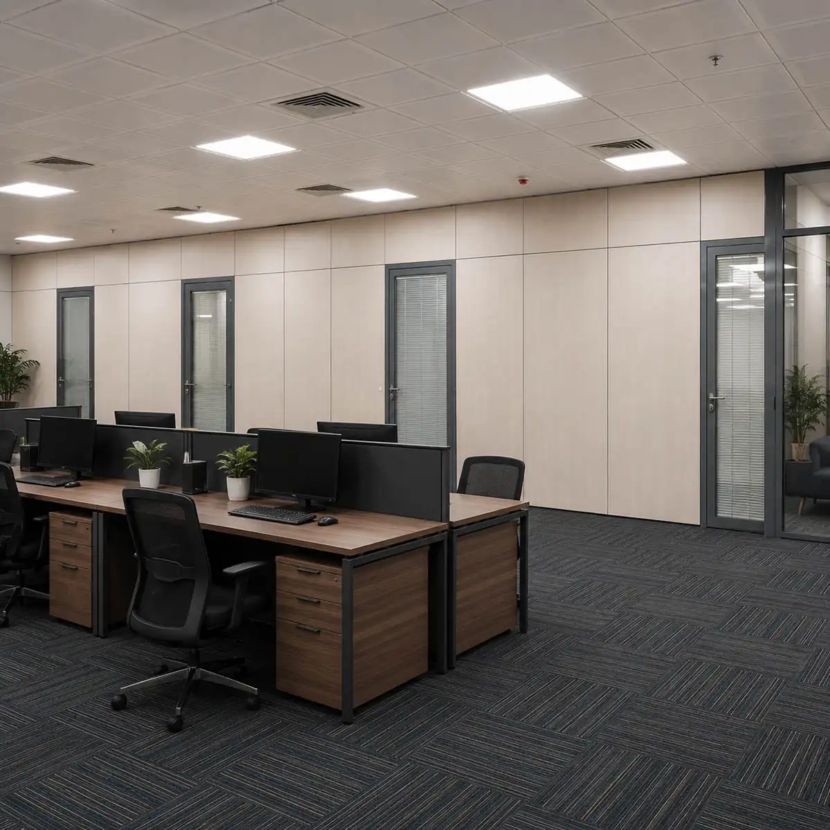 Completed Qatar government office with SG-100 privacy partitions separating workstations and enclosed office rooms