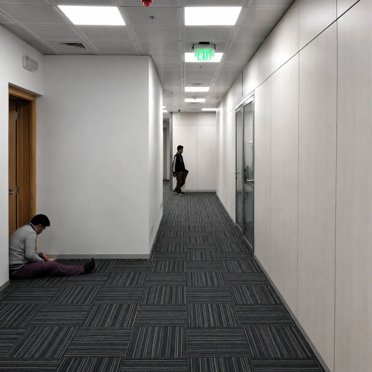 Government office corridor with SG-100 wood-finish demountable wall panels and integrated blind glass doors