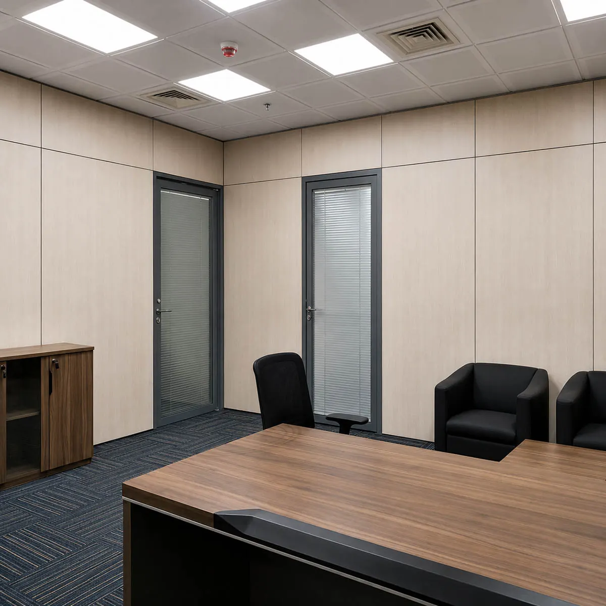 Qatar government office meeting area with SG-100 wood-finish partition panels and double-glazed blind doors
