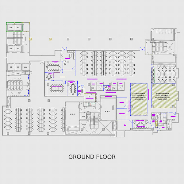 ground floor layout extract showing two person face to face and four person back to back karen workstation layouts