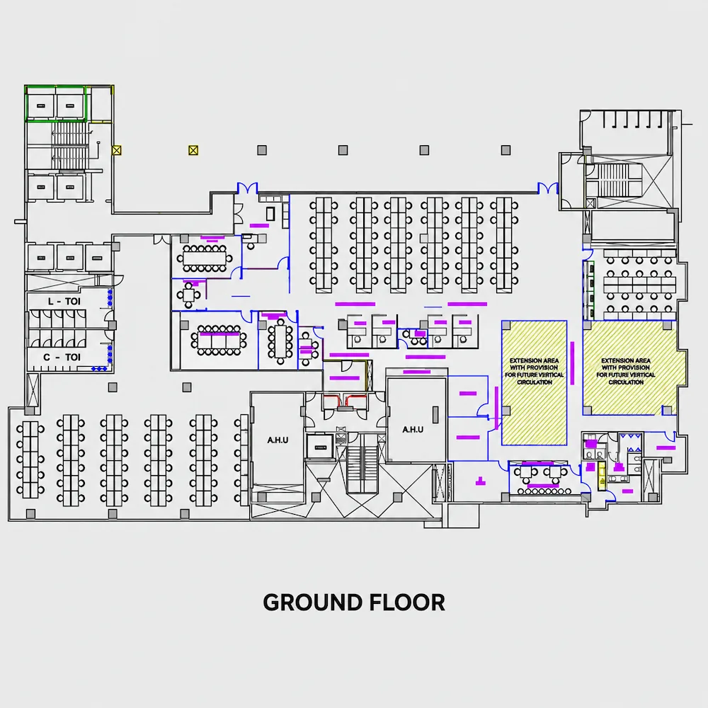 ground floor layout extract showing two person face to face and four person back to back karen workstation layouts