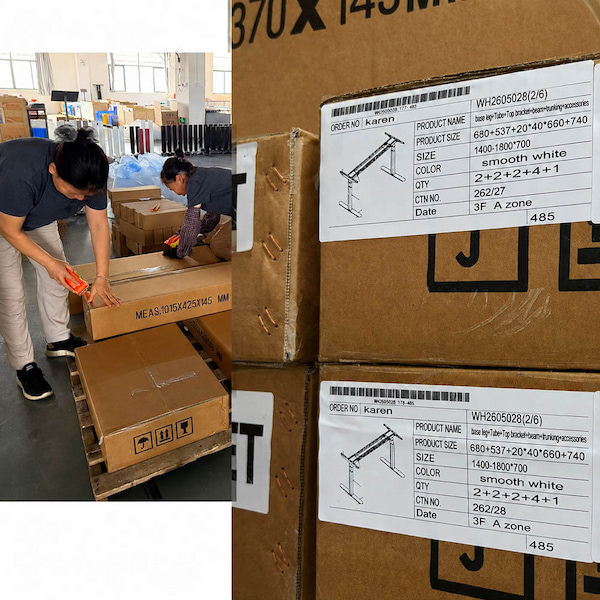 karen workstation project cartons labeled by floor room and workstation group during factory packing