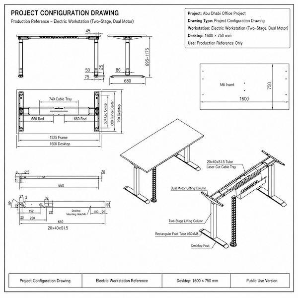 project configuration drawing for abu dhabi electric height adjustable workstation production reference