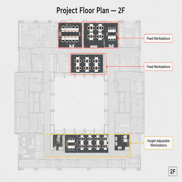project floor plan showing fixed workstations and height adjustable workstations on the second floor