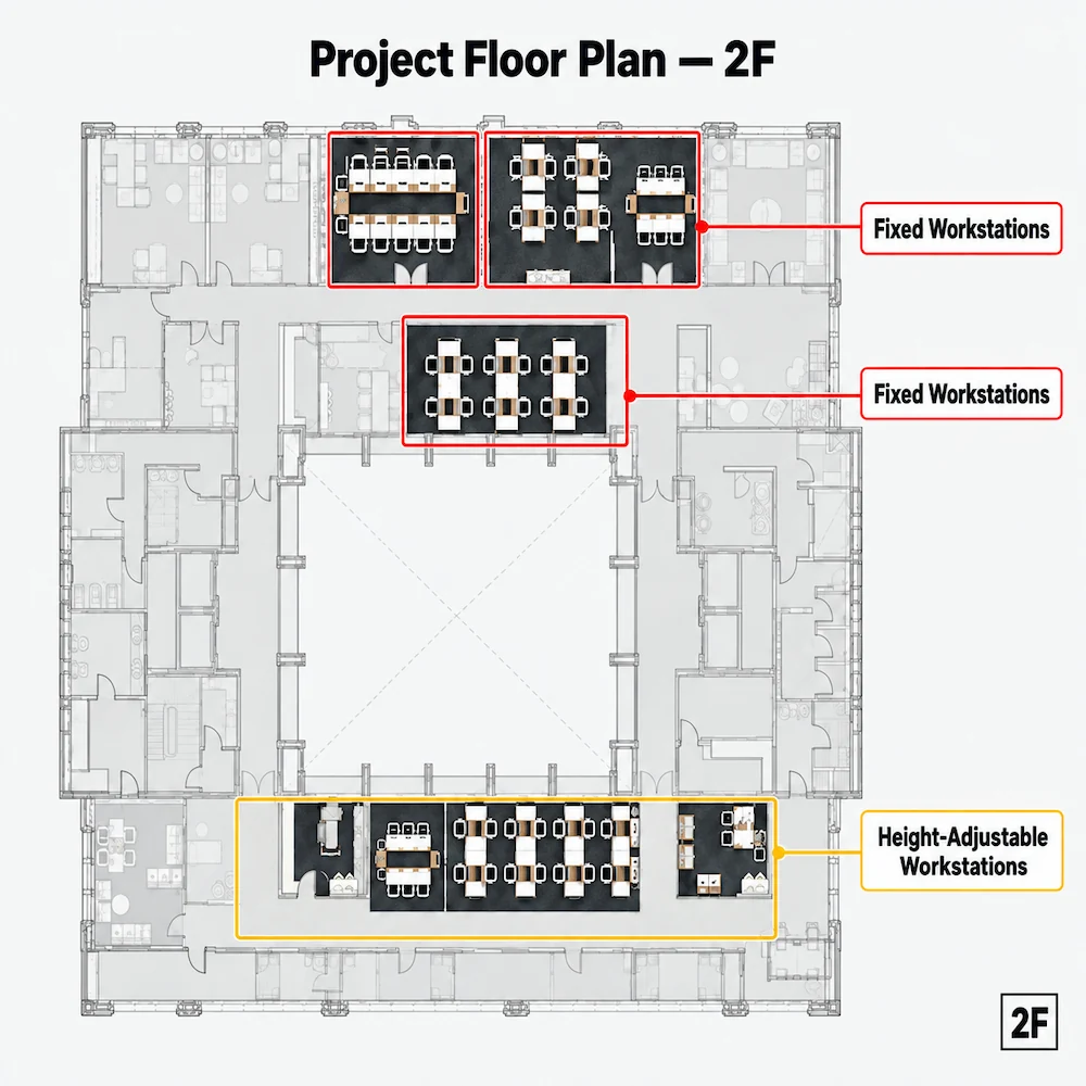 project floor plan showing fixed workstations and height adjustable workstations on the second floor