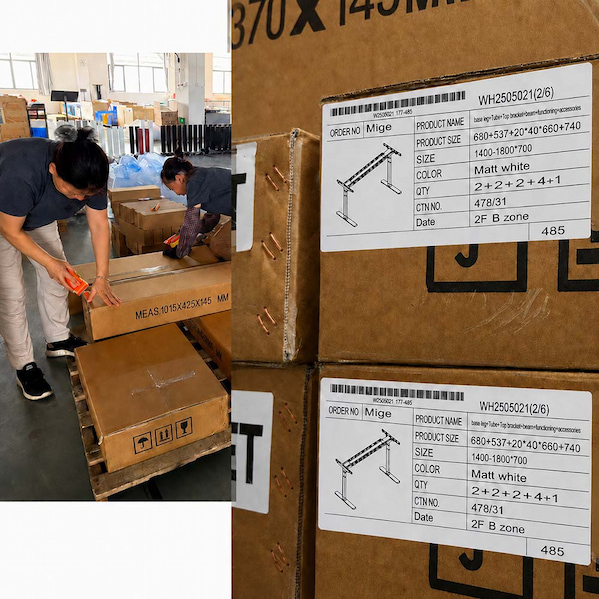 mige workstation cartons with package labels and part numbers during project packing