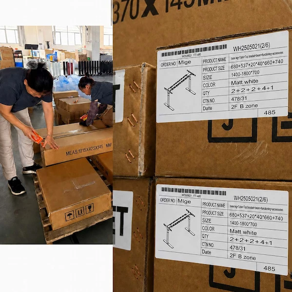 mige workstation cartons with package labels and part numbers during project packing