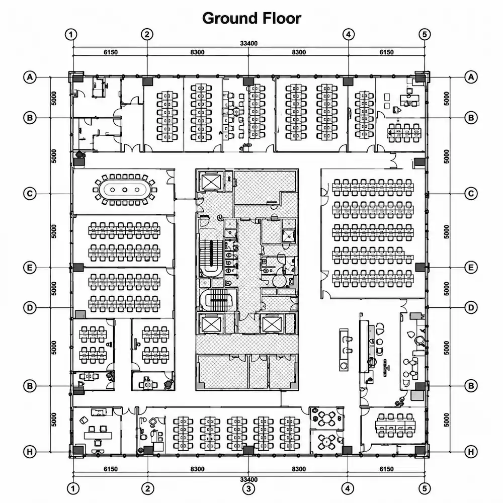 ground floor office layout showing wall side free standing desks and central face to face height adjustable workstations
