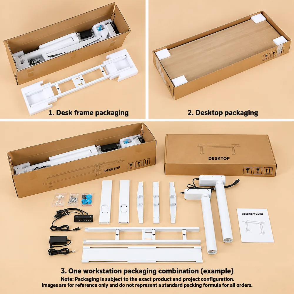 workstation packing example showing desk frame packaging desktop packaging and components for one height adjustable workstation
