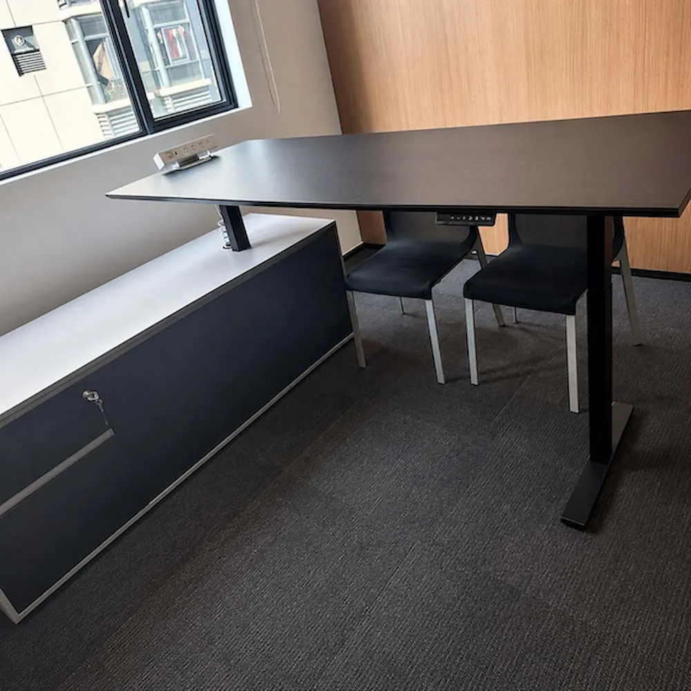 l shaped manager height adjustable desk with long side cabinet for doha office renovation