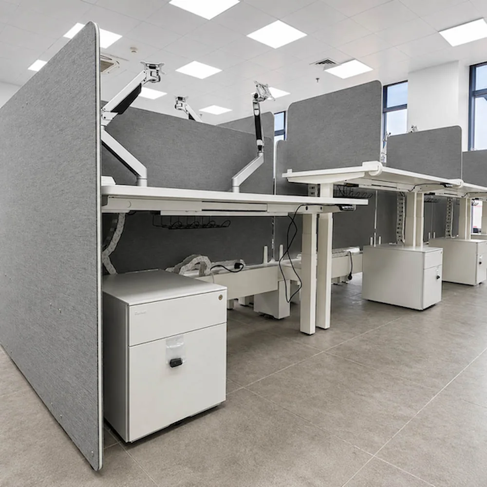 milan height adjustable staff workstations with desk screens power routing and cable management