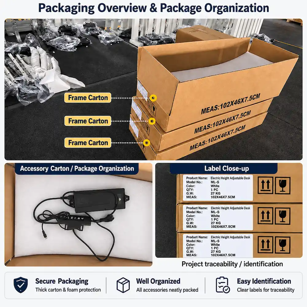 milan workstation packaging overview with frame cartons accessory carton and label close up