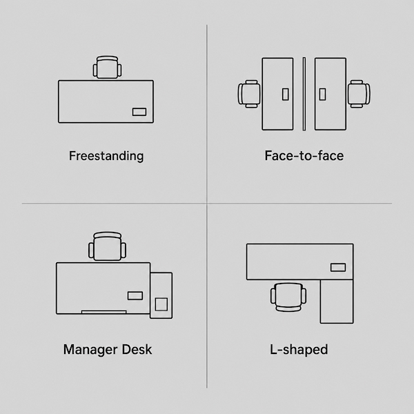 diagram showing freestanding face to face manager desk and l shaped owen frame configurations used in the project
