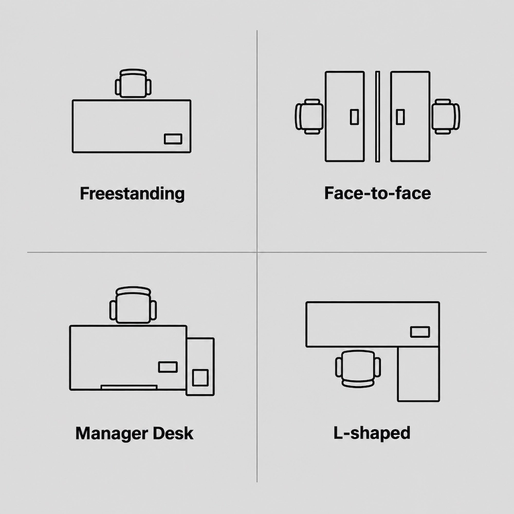 diagram showing freestanding face to face manager desk and l shaped owen frame configurations used in the project