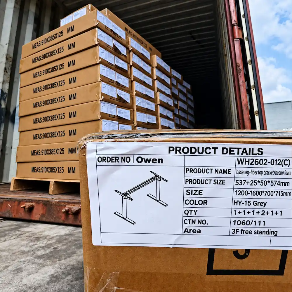 packed owen height adjustable desk frame cartons with product detail labels prepared for project shipment