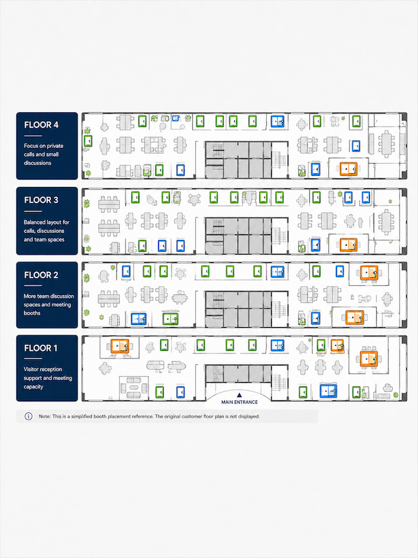 simplified four floor office layout showing 24 one person pods 10 four person meeting pods and 4 six person meeting booth