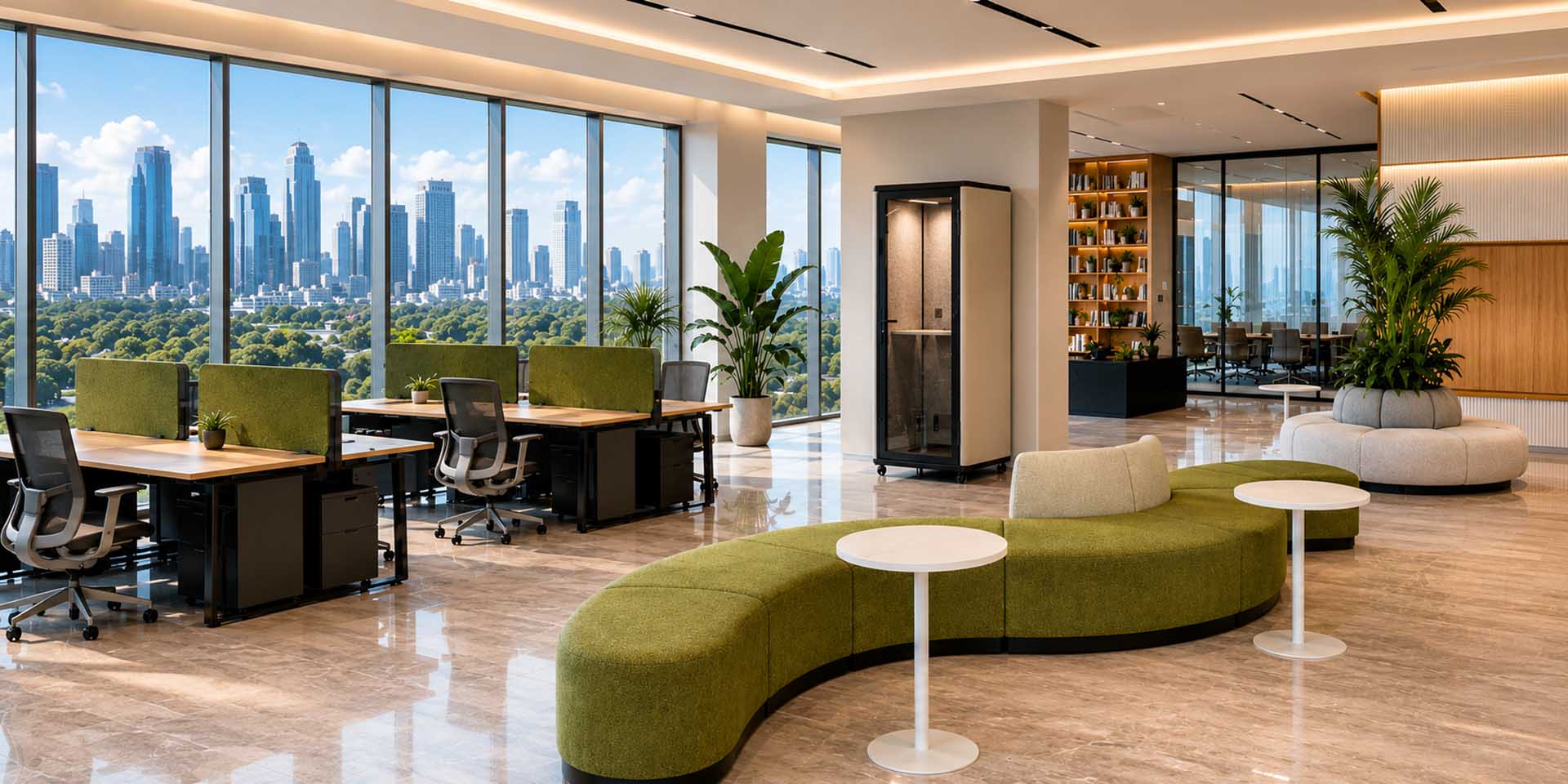 Commercial office workspace with workstations, office seating, lounge furniture, and an office phone booth
