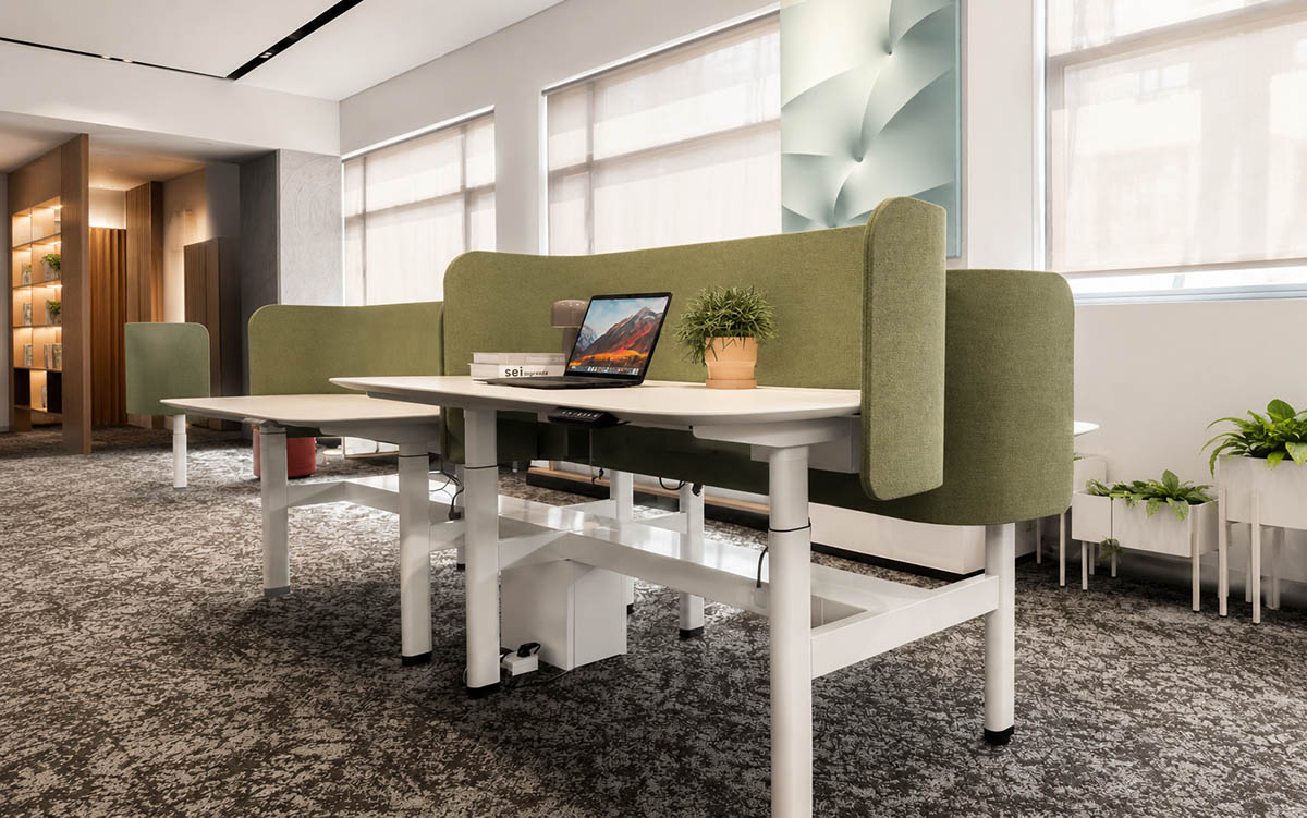 Height-adjustable office workstation with privacy screens and sit-stand desk frames