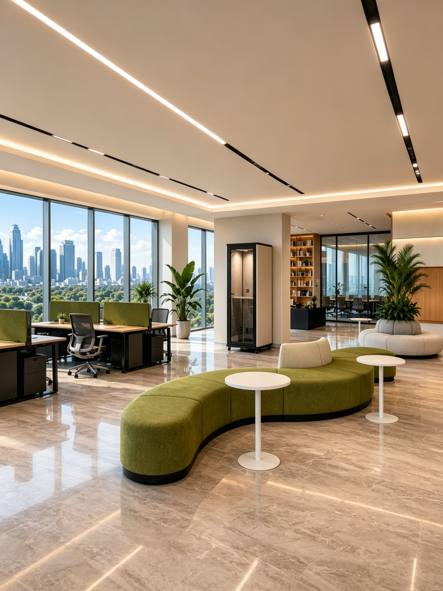 Commercial office workspace with workstations, office seating, lounge furniture, and an office phone booth