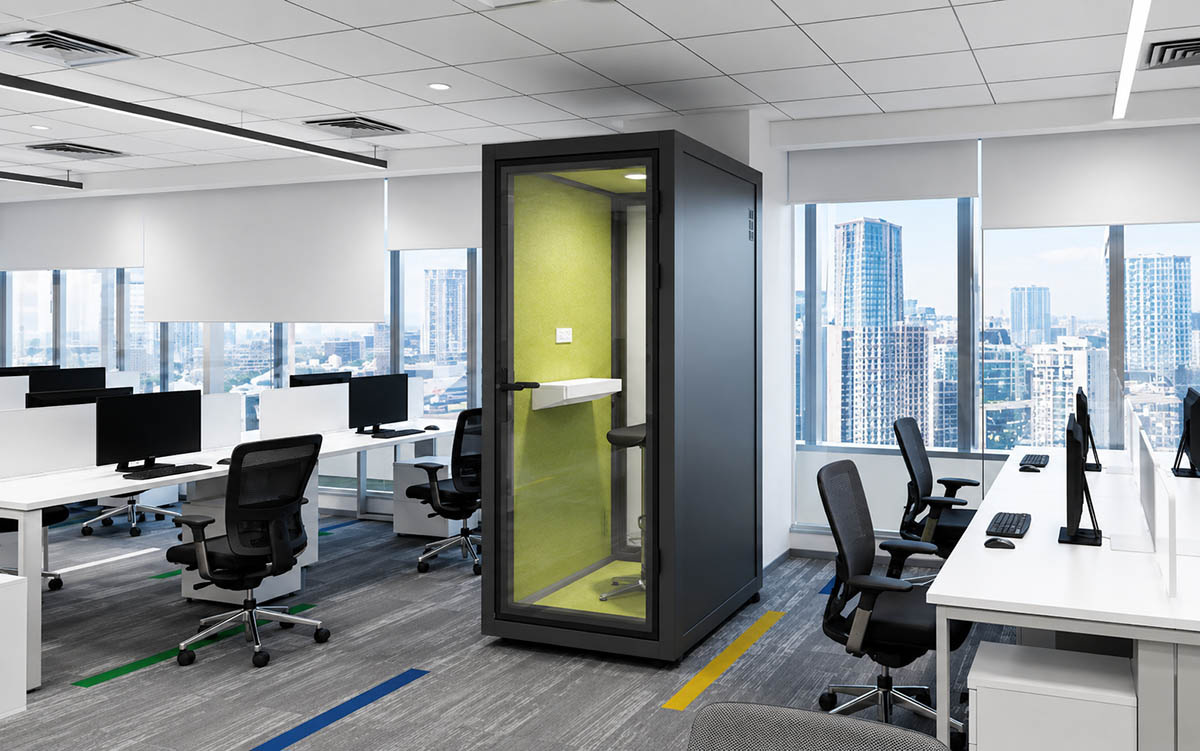 Office phone booth installed in an open-plan workplace