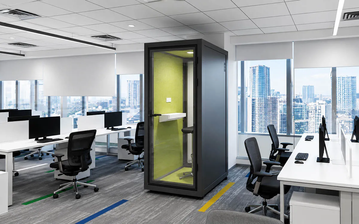 Office phone booth installed in an open-plan workplace
