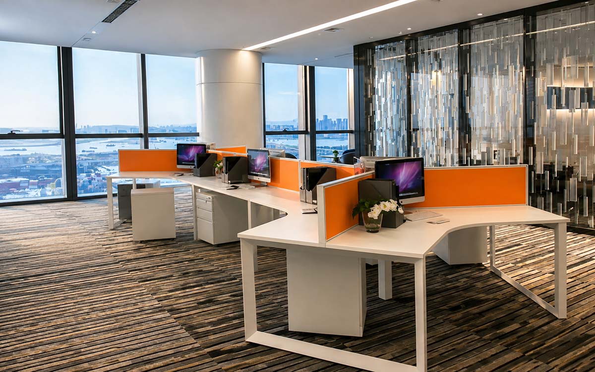 Open-plan workstation installation at an IT park project in Bangalore, India