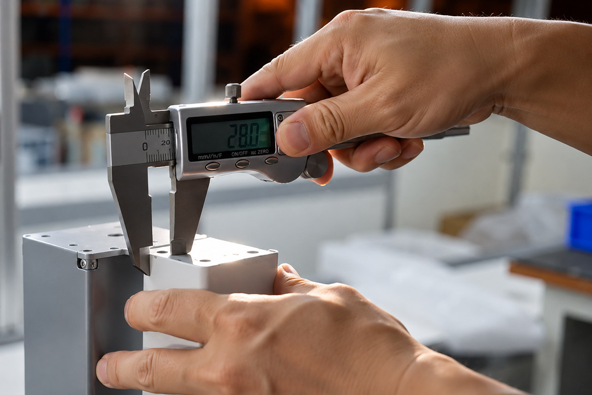 Quality inspection using a digital caliper to measure an office furniture component