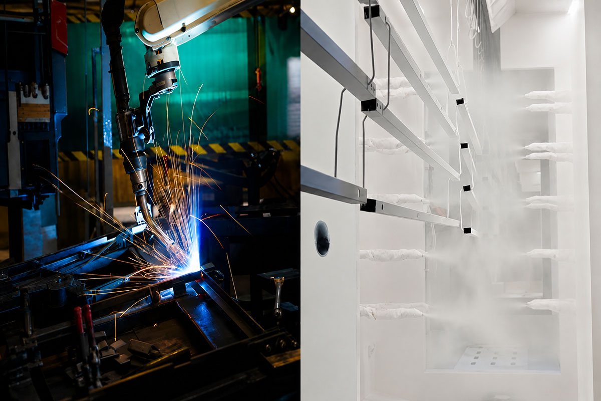Robotic welding and powder coating processes used in office furniture manufacturing