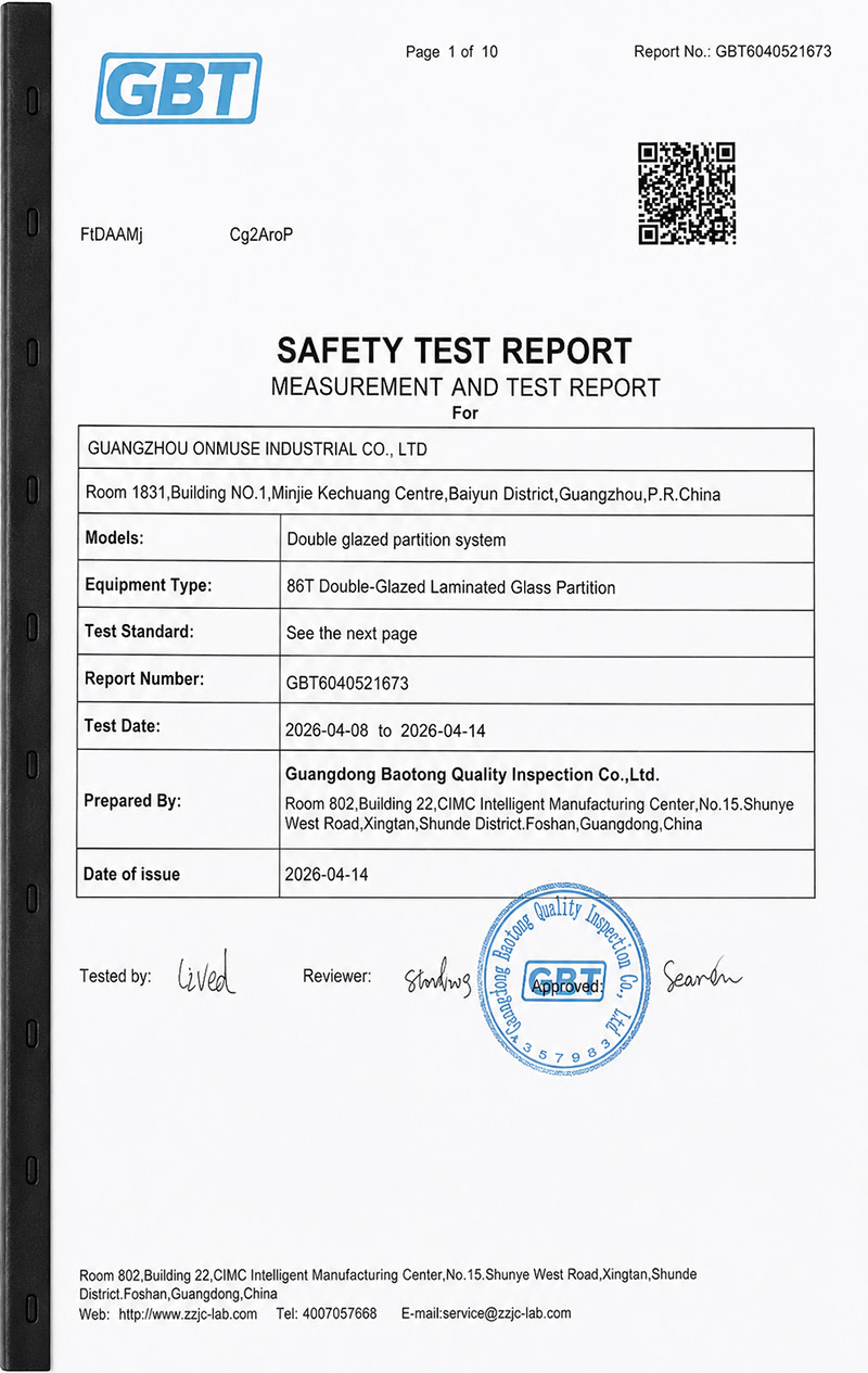 Safety test report for a double-glazed partition system