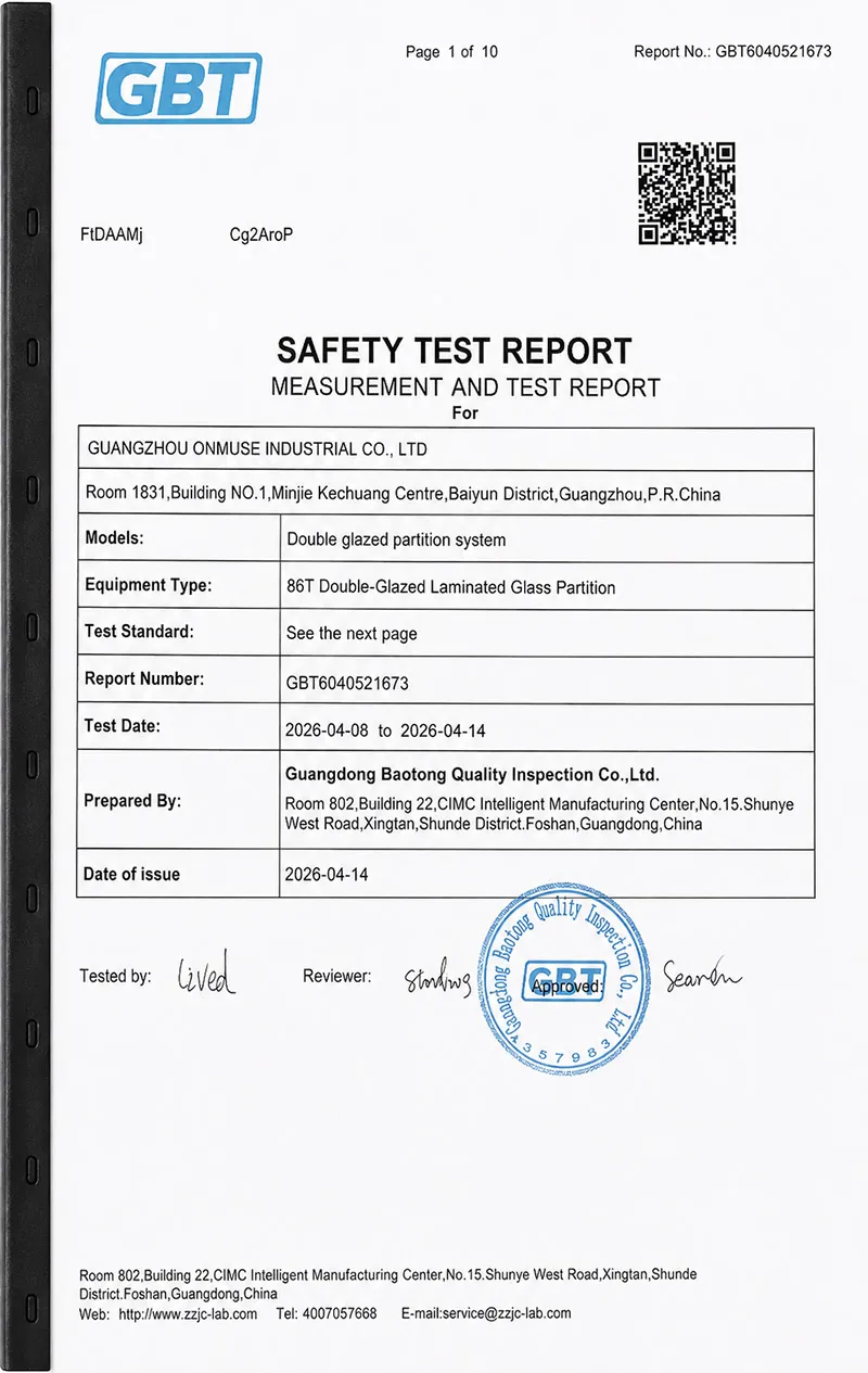 Safety test report for a double-glazed partition system