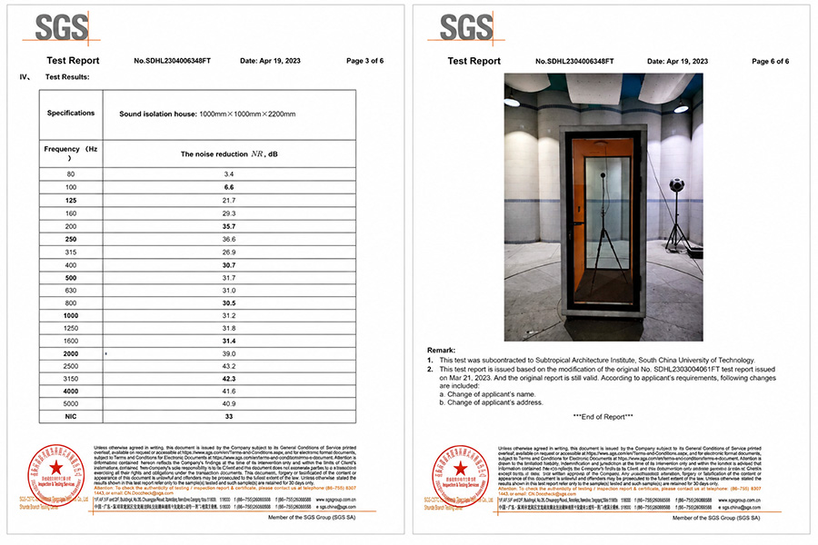 SGS acoustic test report for the Model B single-person phone booth