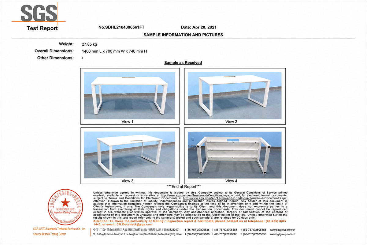 SGS furniture performance test report for a office table