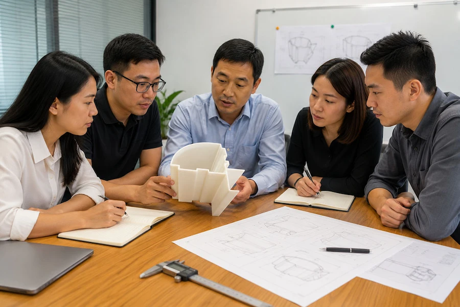 project team reviewing an office furniture prototype and technical drawings