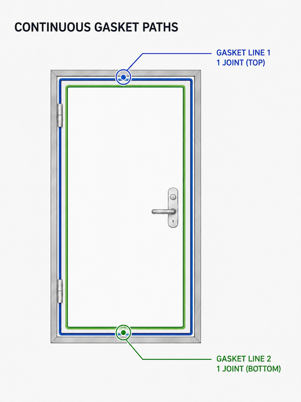 door frame section showing two gasket positions and door leaf contact