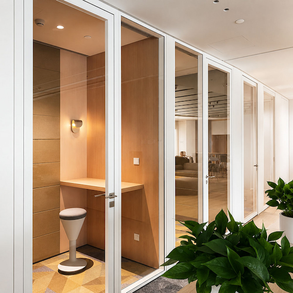 mixed glass and solid office partition layout for acoustic configuration selection