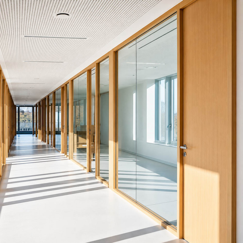 office corridor with glass partitions and wood doors for acoustic wall requirement
